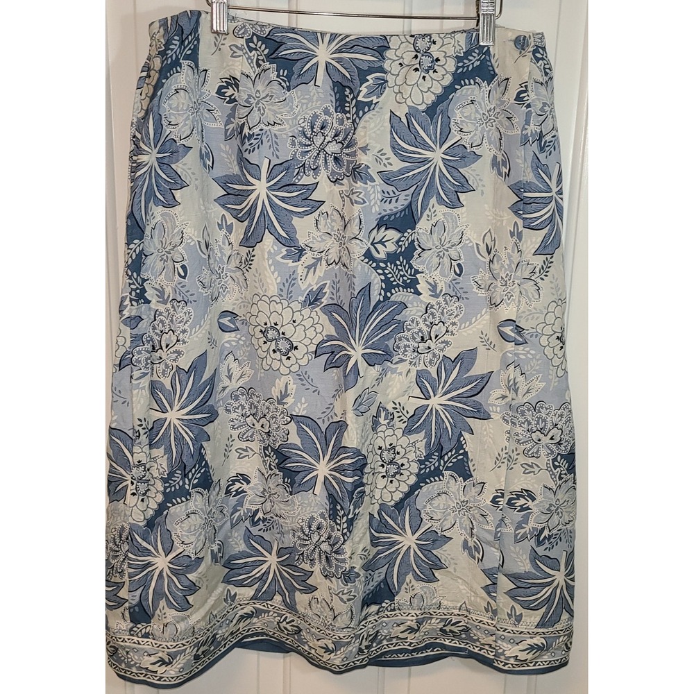 Talbots Womens Linen Blend Wrap Skirt Blue Hawaiian Floral Resort Cruise 16W